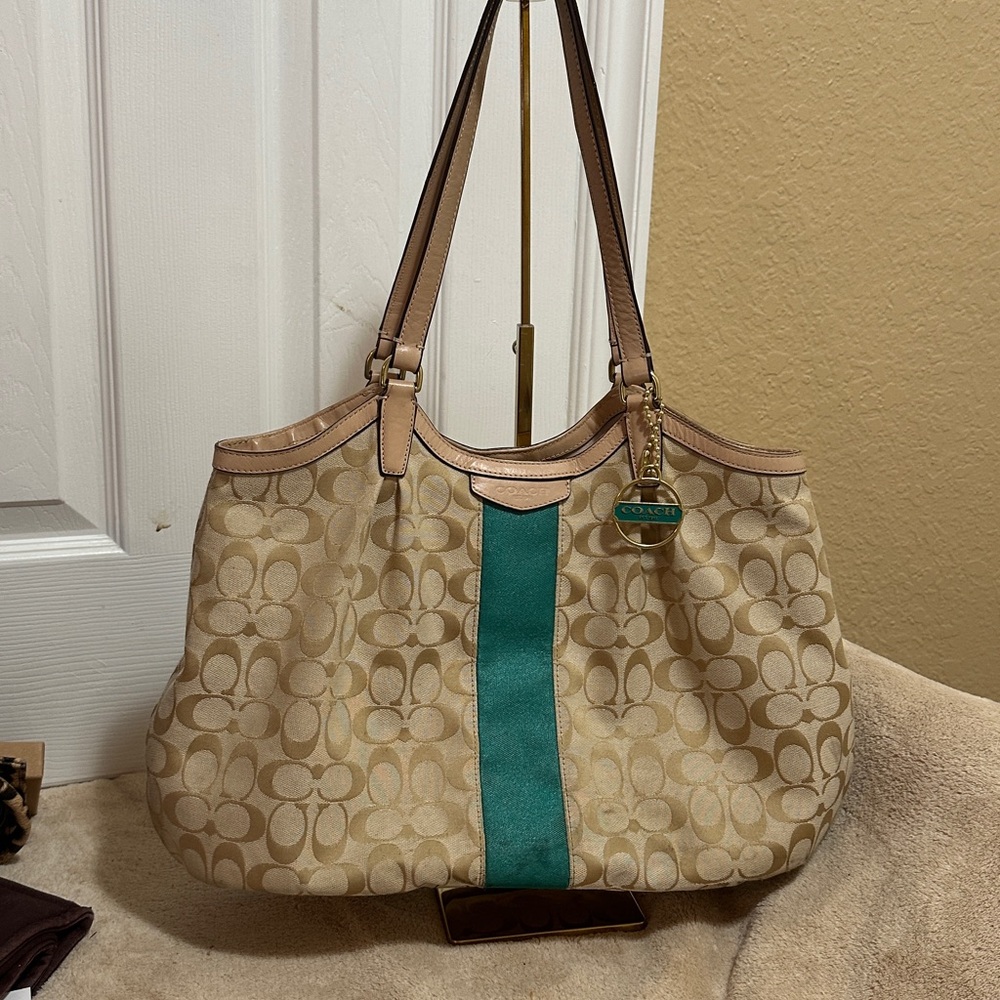 Coach Beige and Teal Tote Bag
Has some call outs!